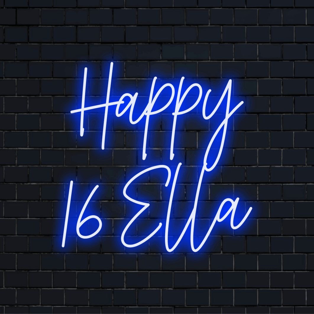 Happy 16 Ella Personalized Neon Light with bright LED glow on dark brick background