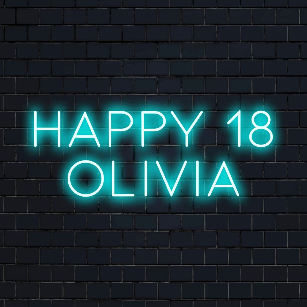Happy 18 Olivia Custom Name Neon Sign, glowing neon text on black brick background