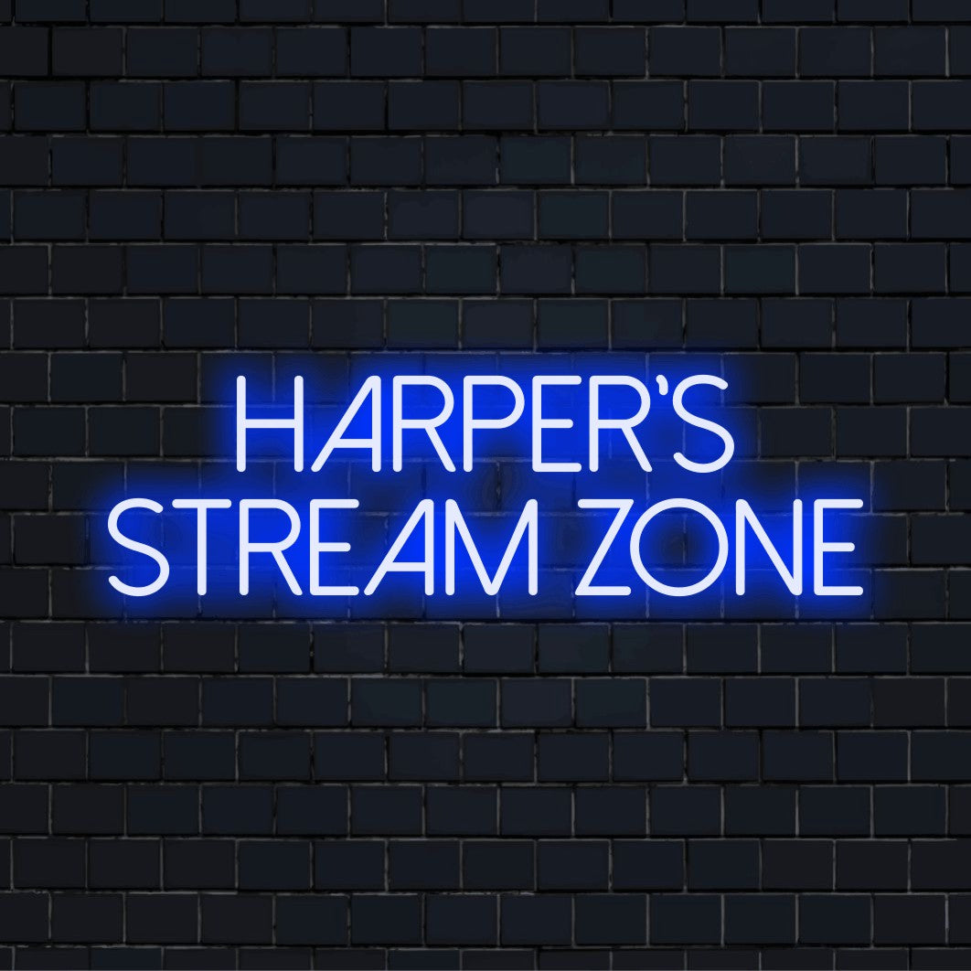 Harper_s Stream Zone Personalized Neon Light with bright LED glow against brick backdrop
