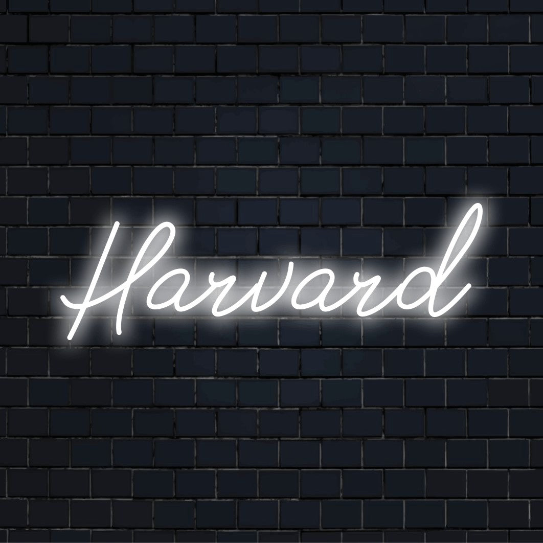 Harvard Neon Sign, glowing wall decor against brick backdrop
