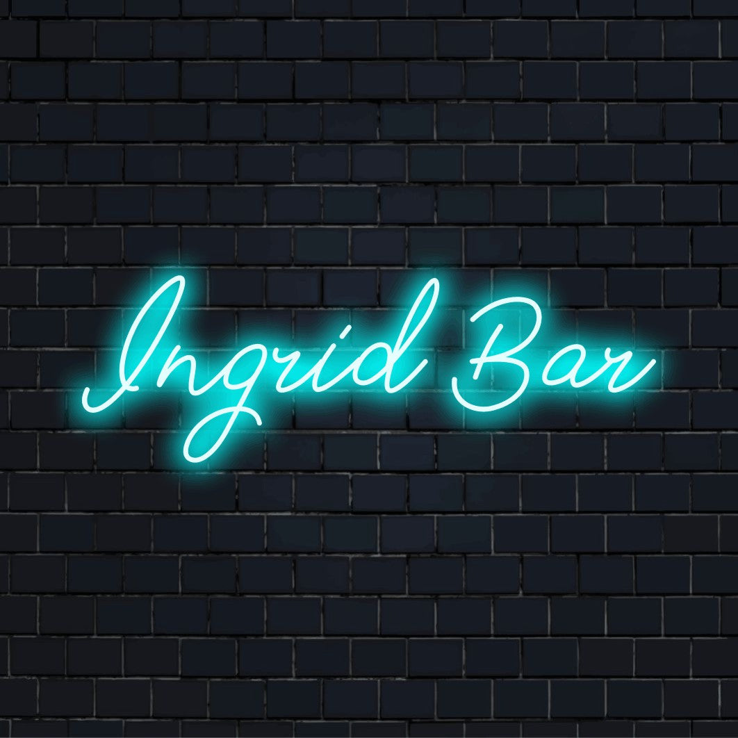 Ingrid Bar Personalized LED Neon Sign, glowing neon text on dark brick background