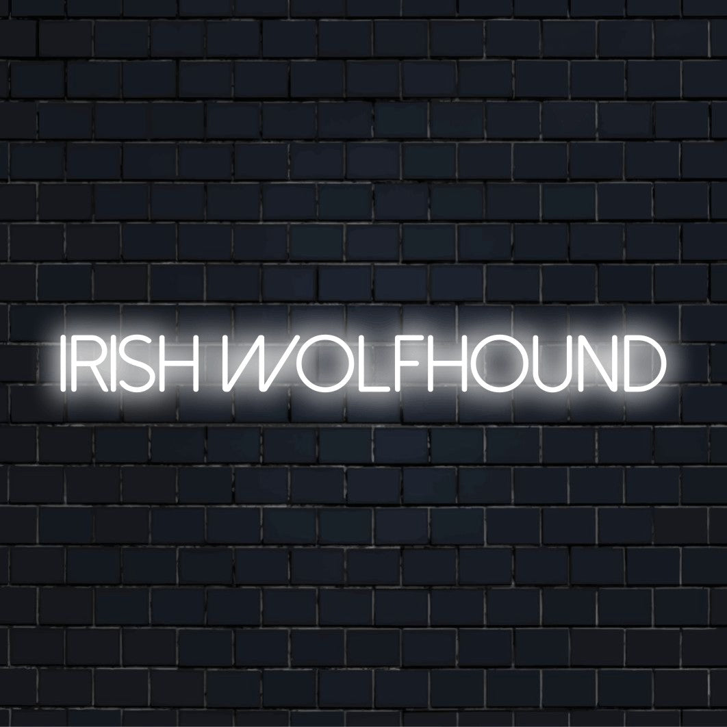 Irish Wolfhound Neon Sign, glowing lettering against brick backdrop