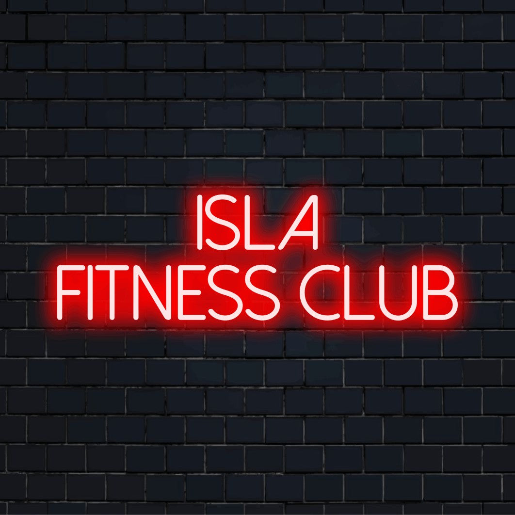 Isla Fitness Club Custom Name Neon Sign, neon text light on dark brick background