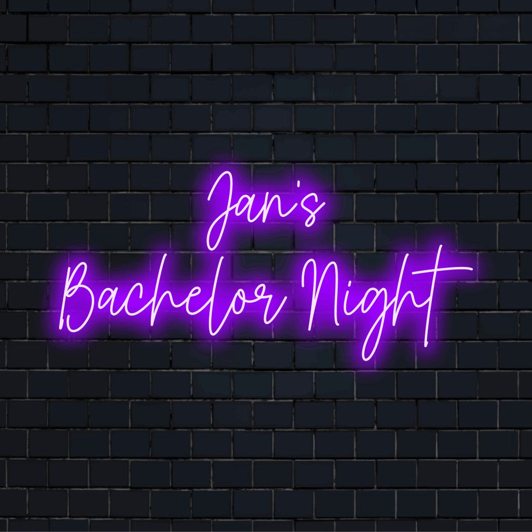 Jan_s Bachelor Night Personalized Neon Light with glowing lettering against black brick wall