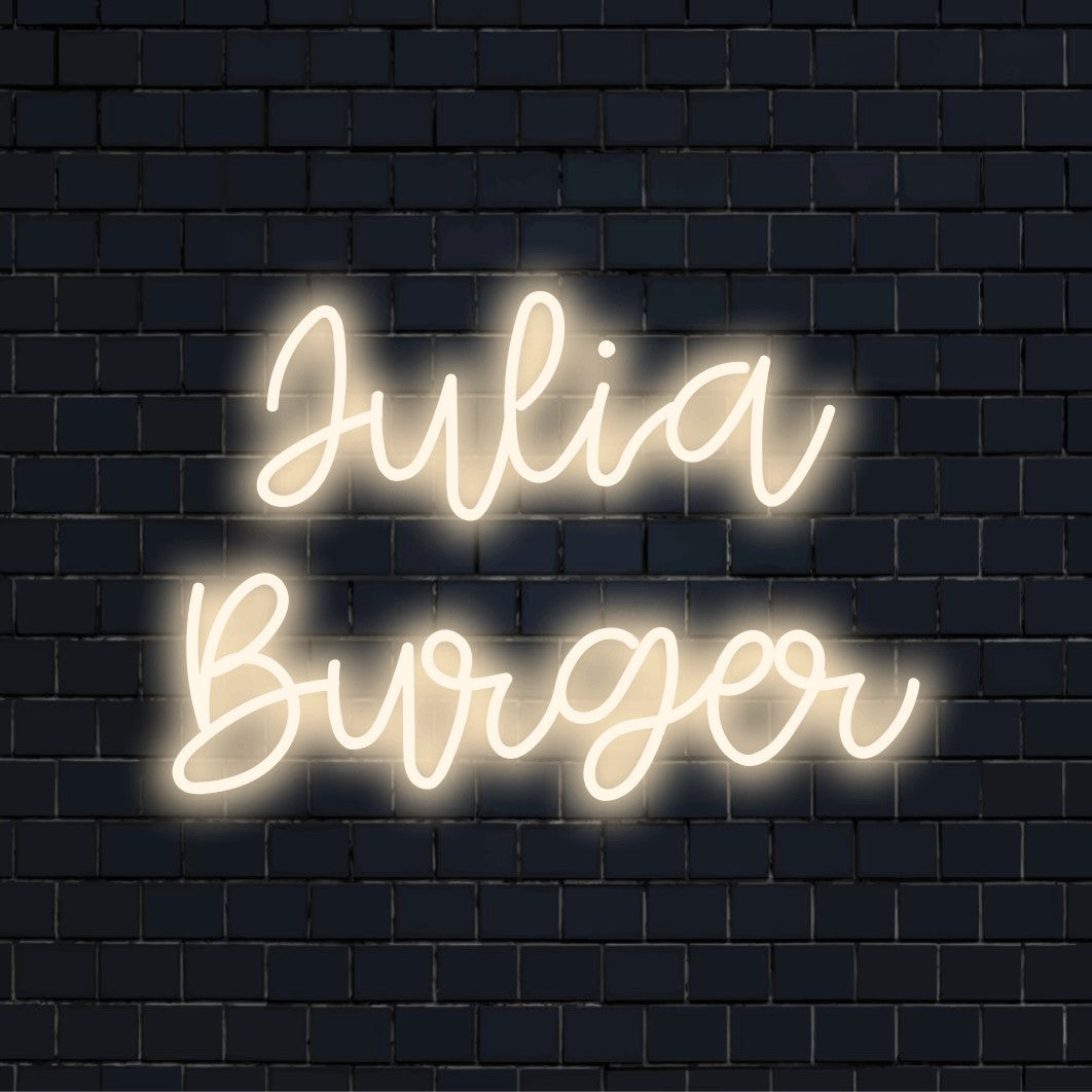 Julia Burger Custom Name Neon Sign, bright LED glow on black brick background
