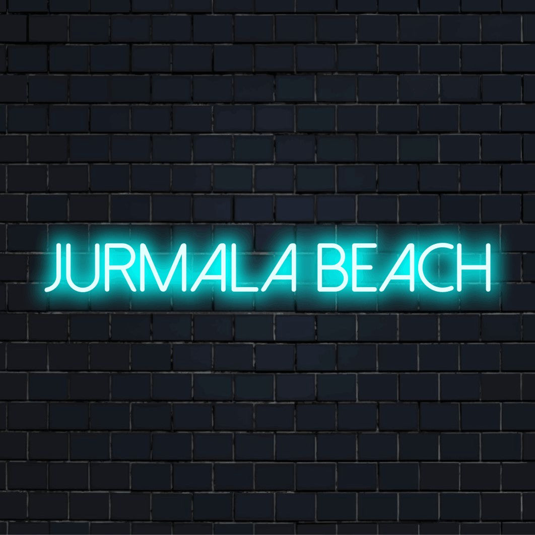 Jurmala Beach LED Neon Sign, bright LED glow on black brick background