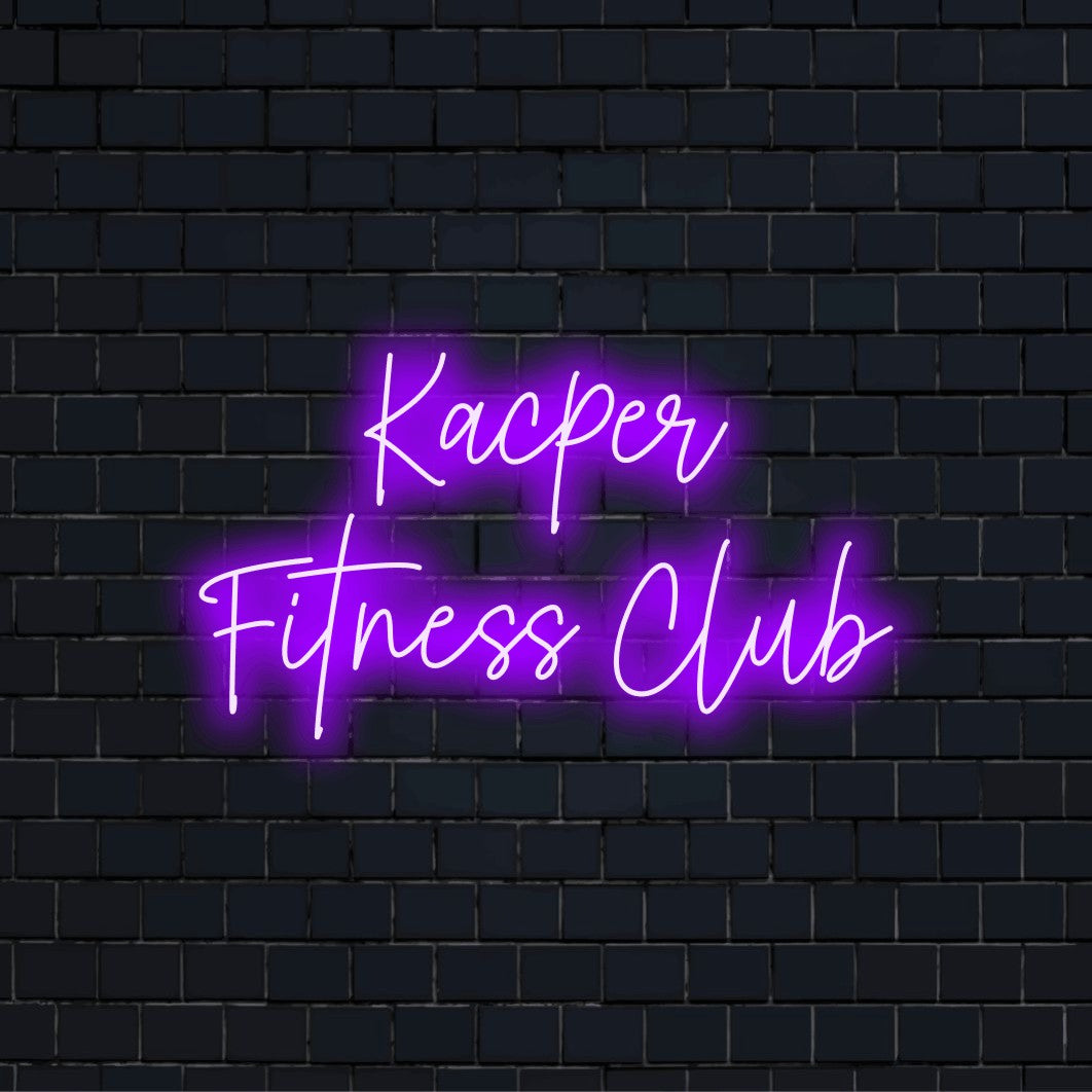Kacper Fitness Club Custom Name Neon Sign, neon text light on dark brick wall