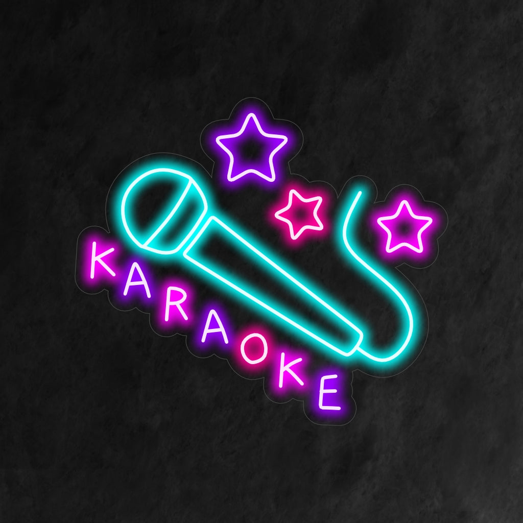 En livlig karaoke neonskylt, perfekt för inredning med musiktema, som utstrålar ett levande och energiskt ljus som sätter scenen för en oförglömlig sångupplevelse.