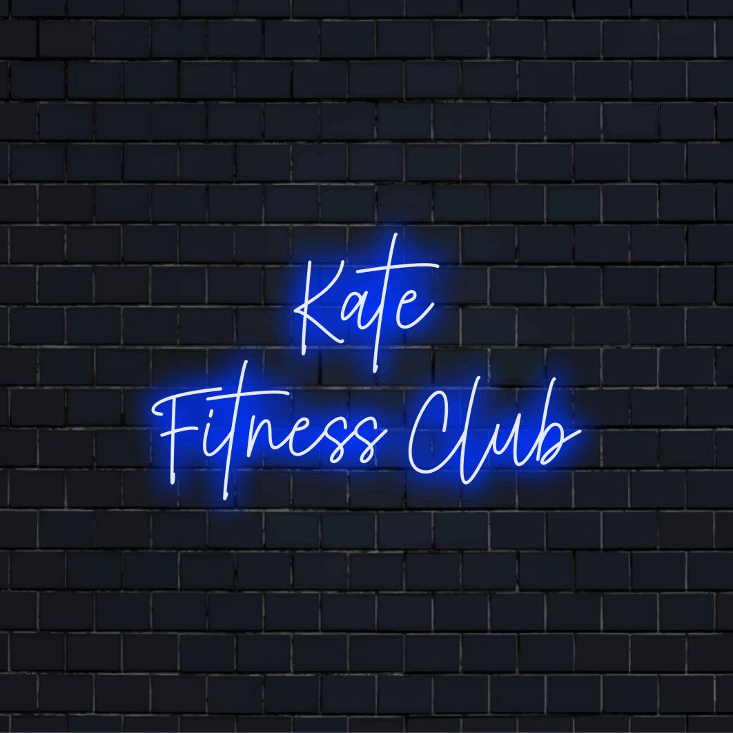 Kate Fitness Club Personalized LED Neon Sign, bright neon lettering against black brick wall