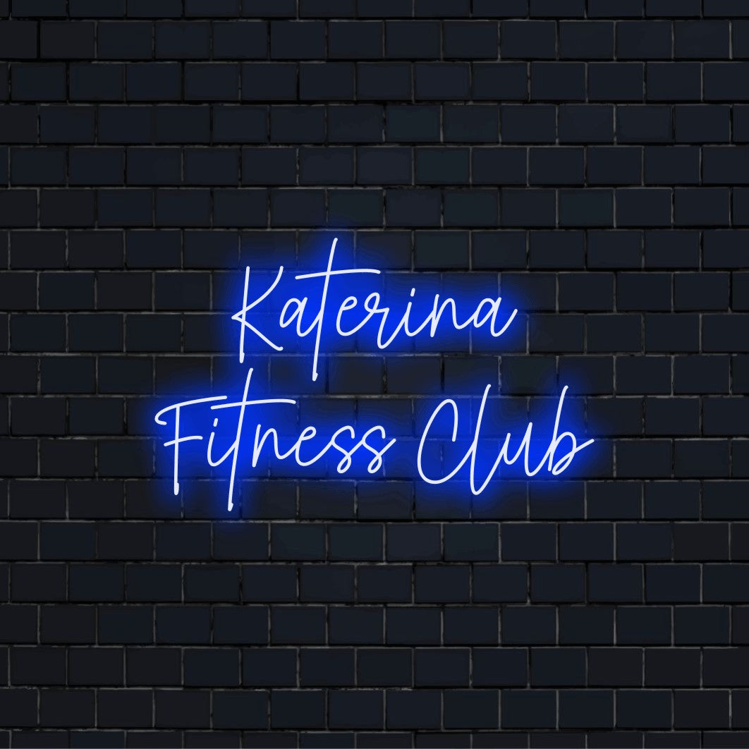 Katerina Fitness Club Personalized LED Neon Sign, bright neon lettering on black brick background