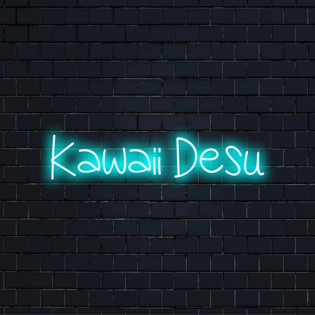 Kawaii Desu LED Neon Sign, glowing wall decor on dark brick background