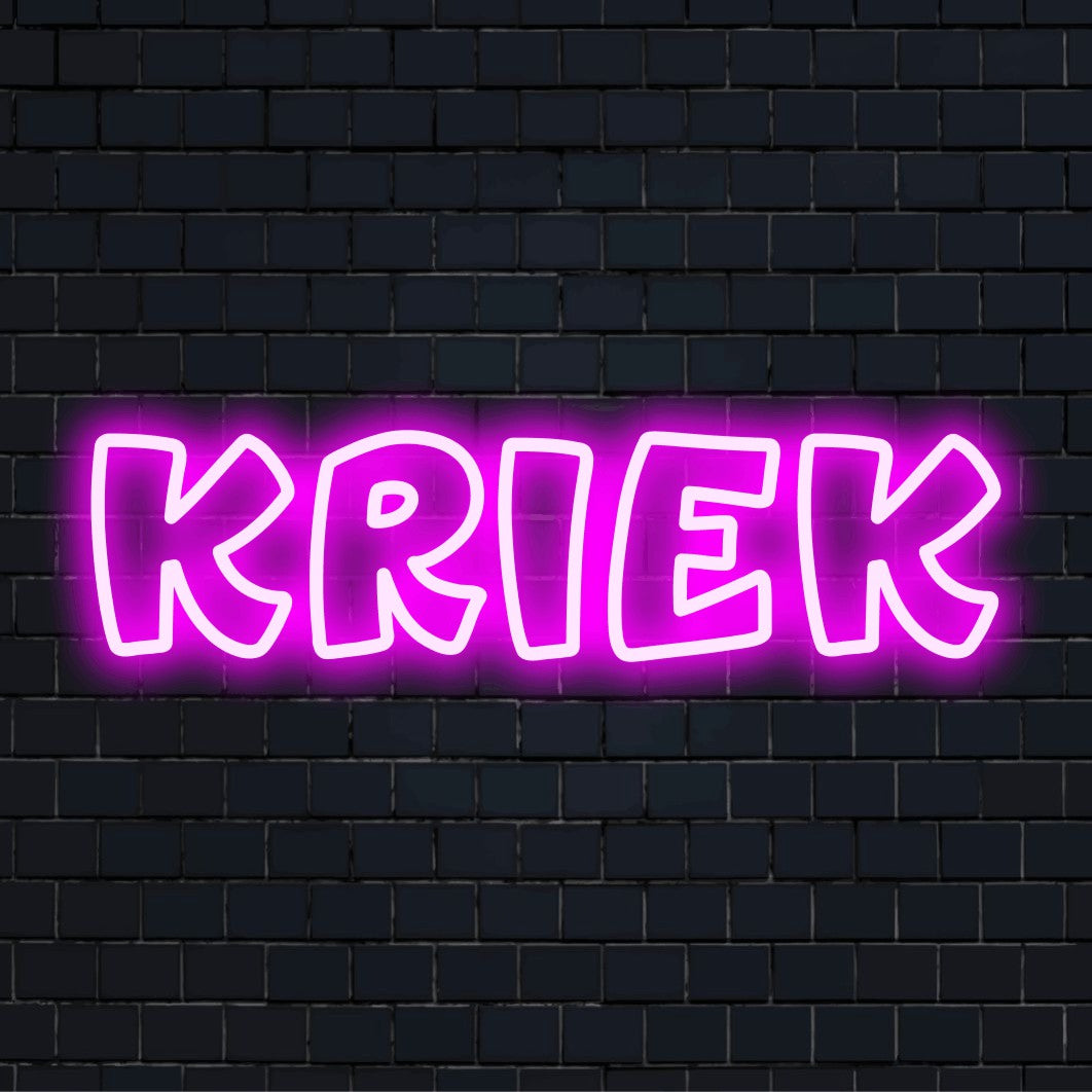 Kriek LED Neon Sign, bright neon glow on dark brick wall