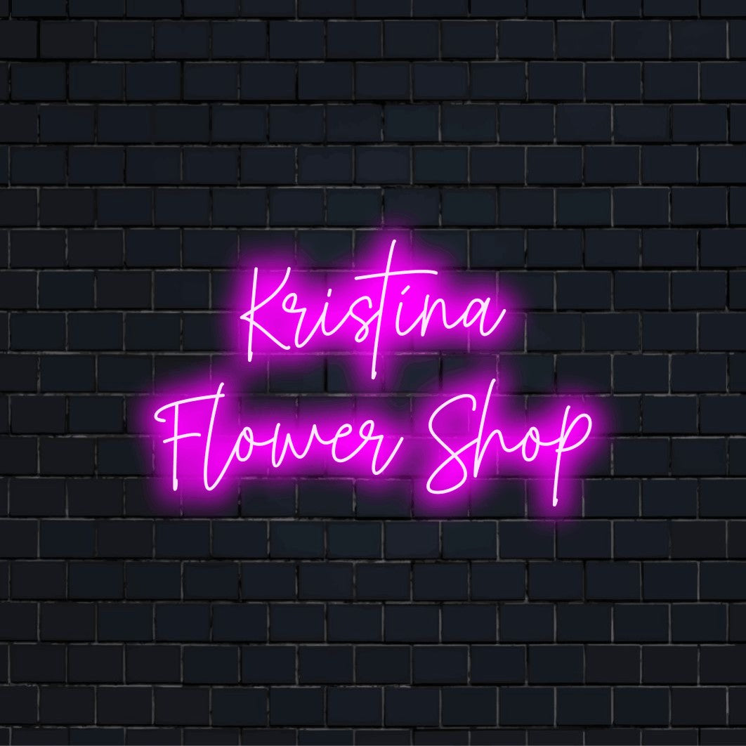 Kristina Flower Shop Custom Name Neon Sign, glowing neon text on dark brick background
