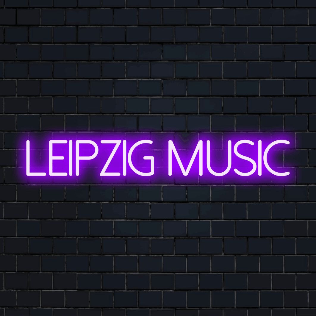 Leipzig Music Neon Sign, soft neon glow on dark brick wall