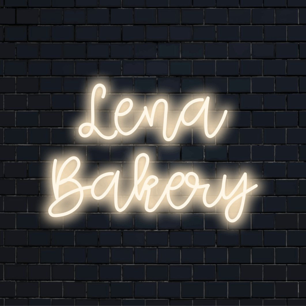 Lena Bakery Custom Name Neon Sign, soft neon glow on dark brick wall