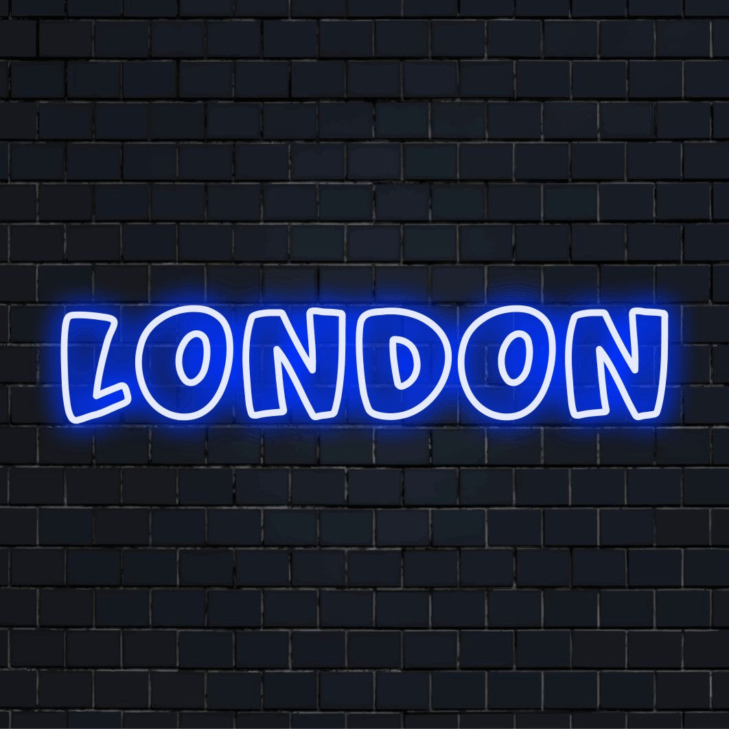 London Neon Sign, glowing lettering on dark brick background