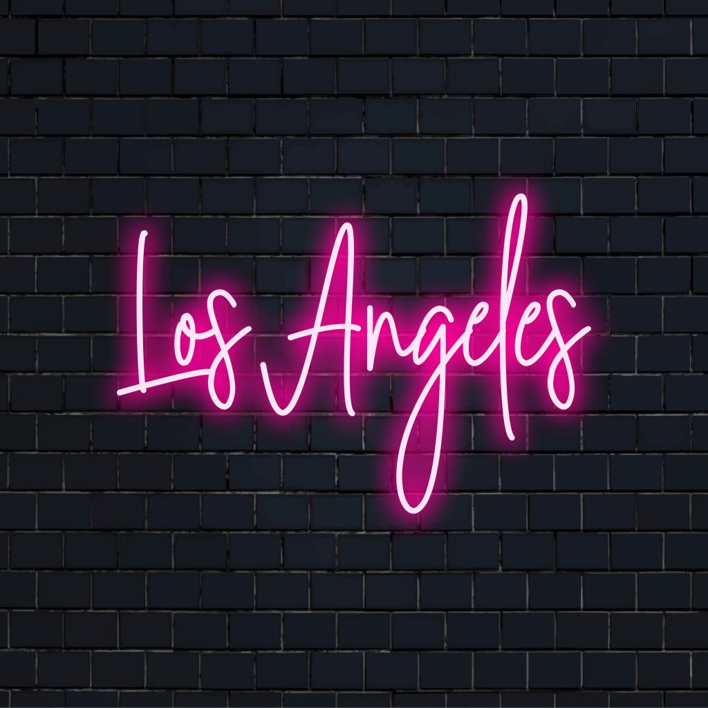 Los Angeles Neon Sign, glowing lettering on dark brick wall
