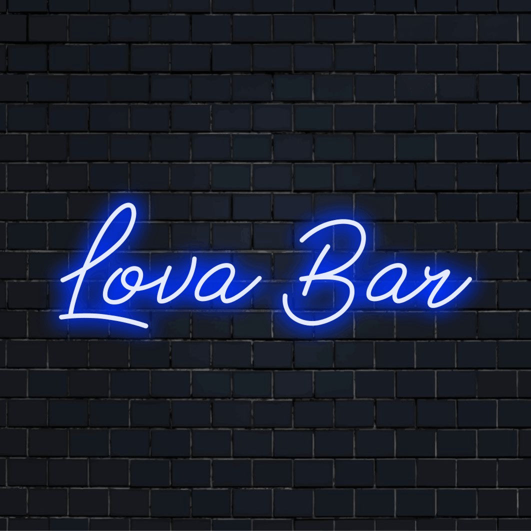 Lova Bar Personalized LED Neon Sign, glowing neon text on dark brick background