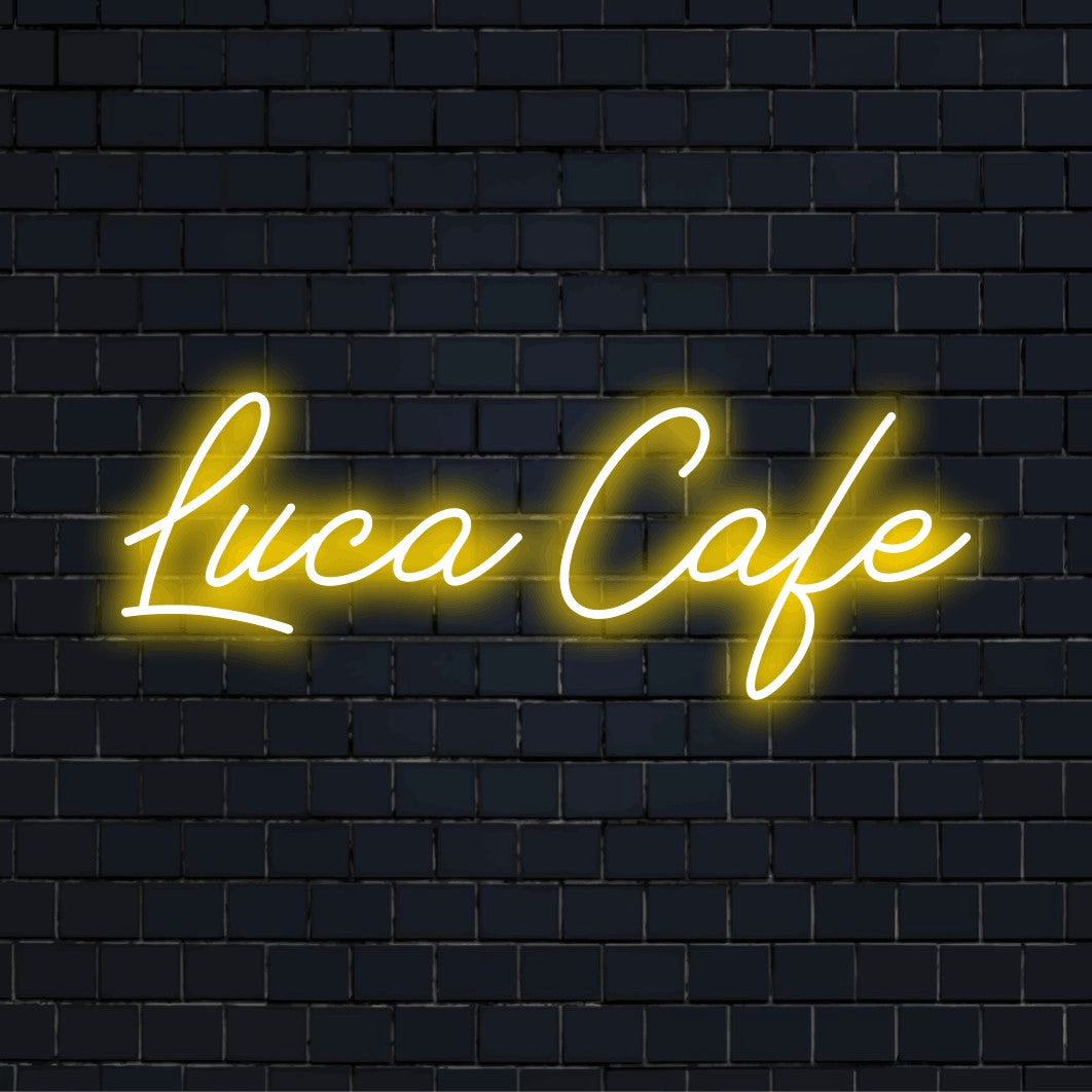 Luca Cafe Personalized Neon Light with glowing wall decor on black brick background