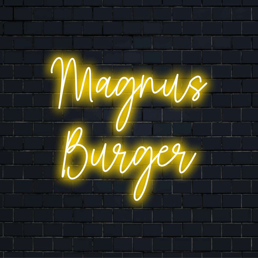 Magnus Burger Personalized LED Neon Sign, bright neon glow on dark brick wall