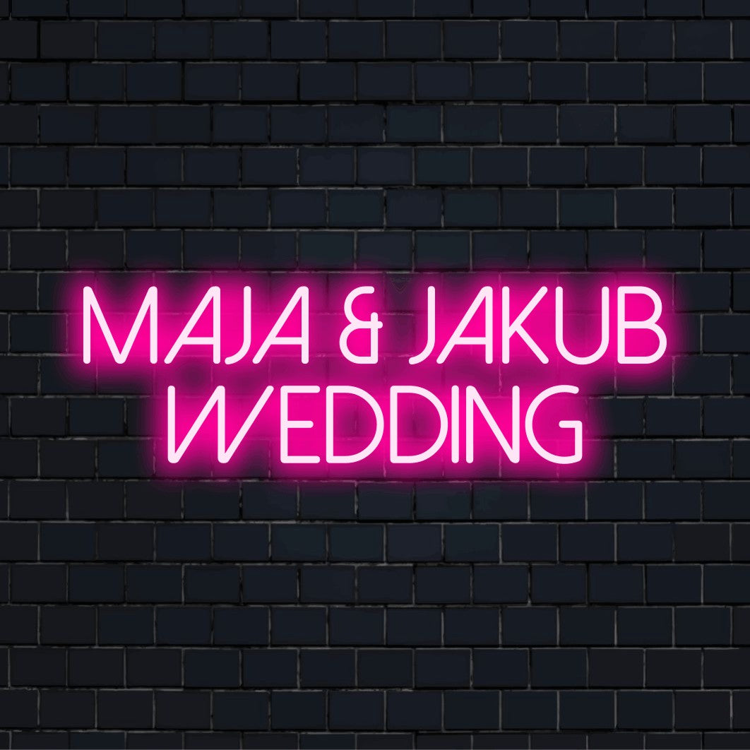 Maja _ Jakub Wedding Personalized LED Neon Sign, bright neon lettering on black brick background