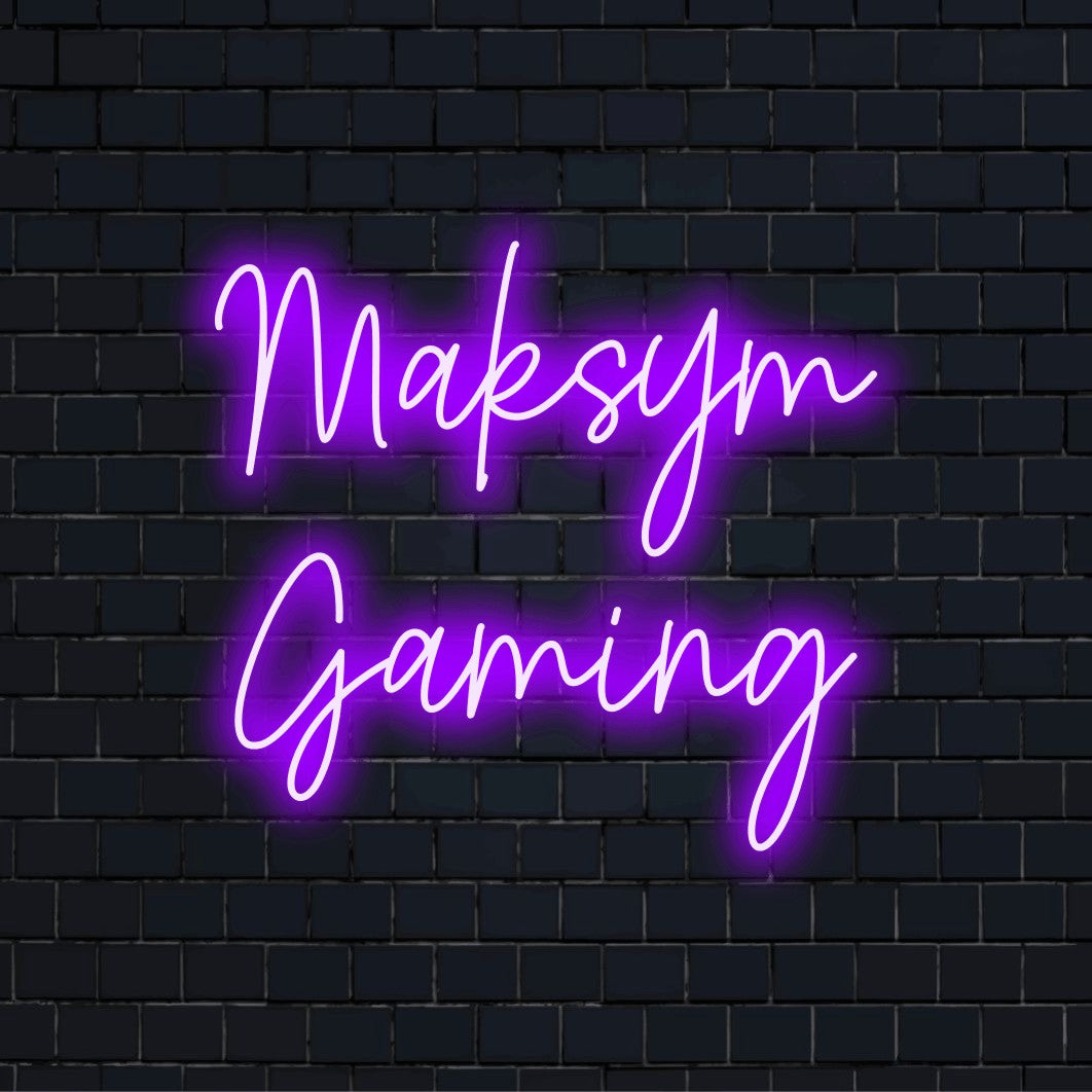 Maksym Gaming Custom Name Neon Sign, glowing wall decor against black brick wall
