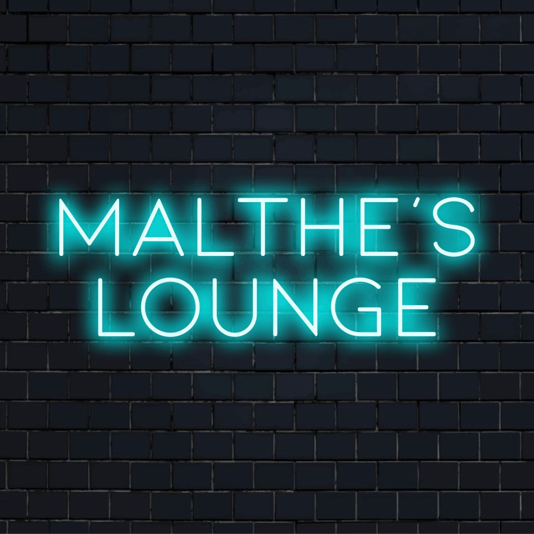 Malthe_s Lounge Personalized Neon Light with neon text light against brick backdrop