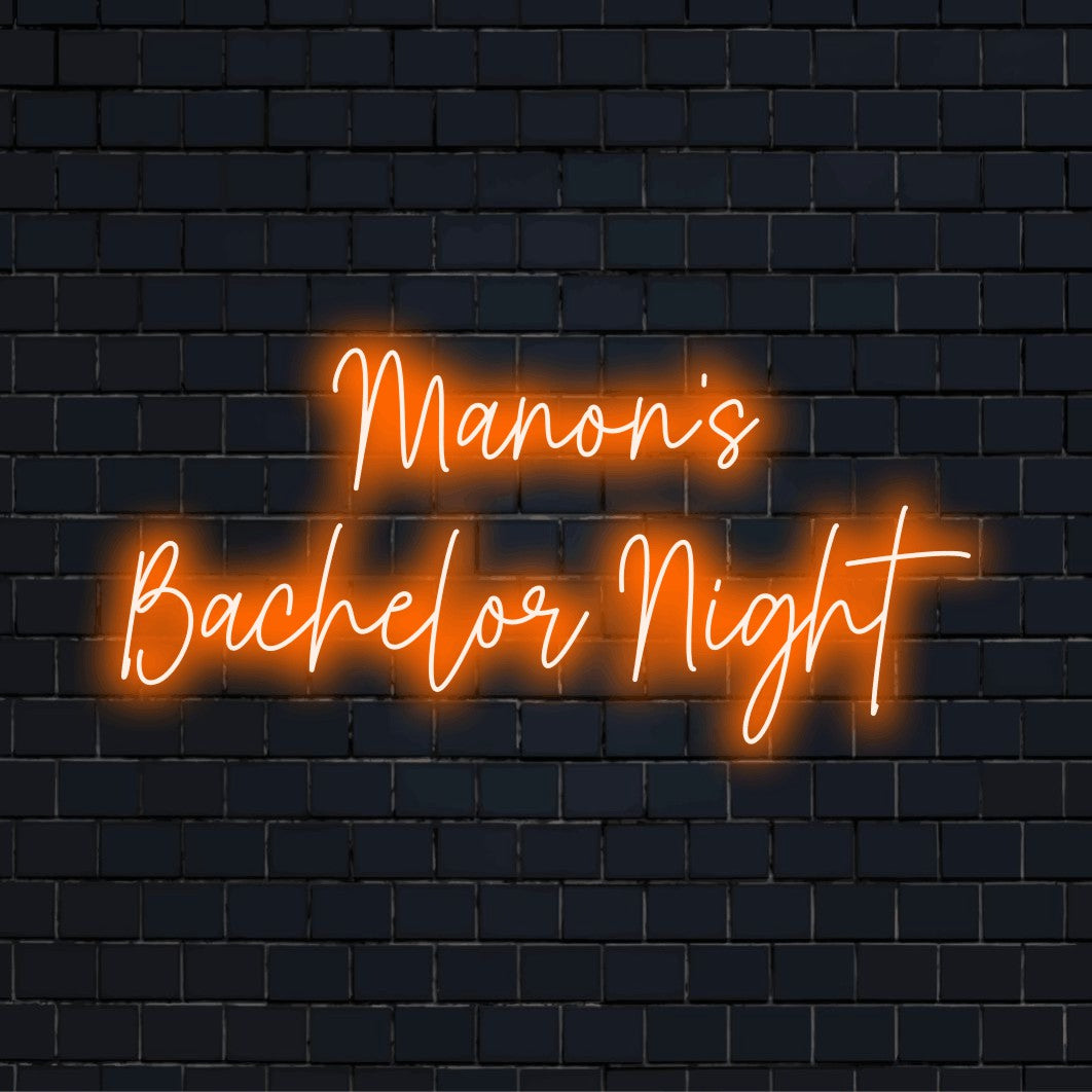 Manon_s Bachelor Night Personalized LED Neon Sign, glowing neon text on black brick background