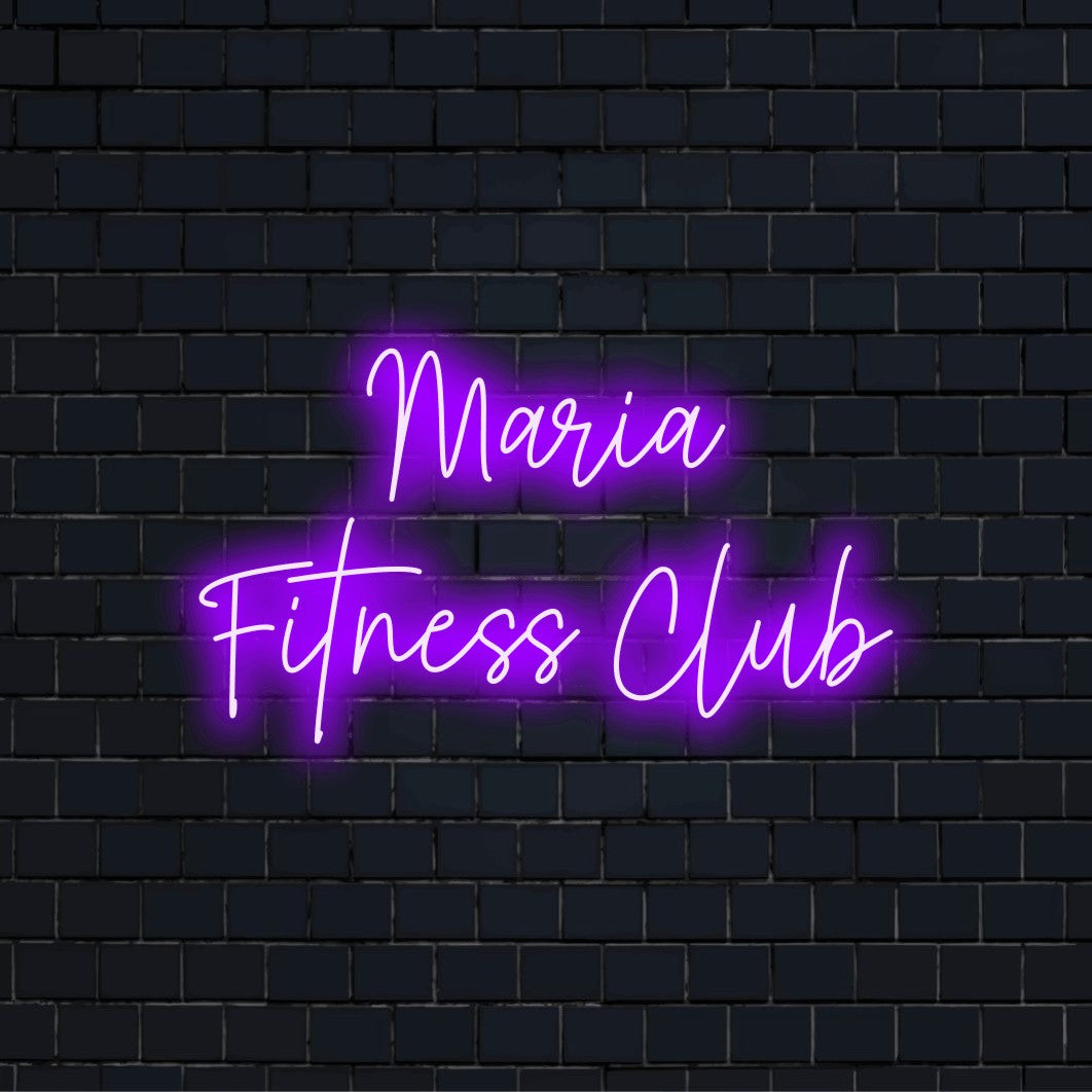 Maria Fitness Club Custom Name Neon Sign, soft neon glow against brick backdrop