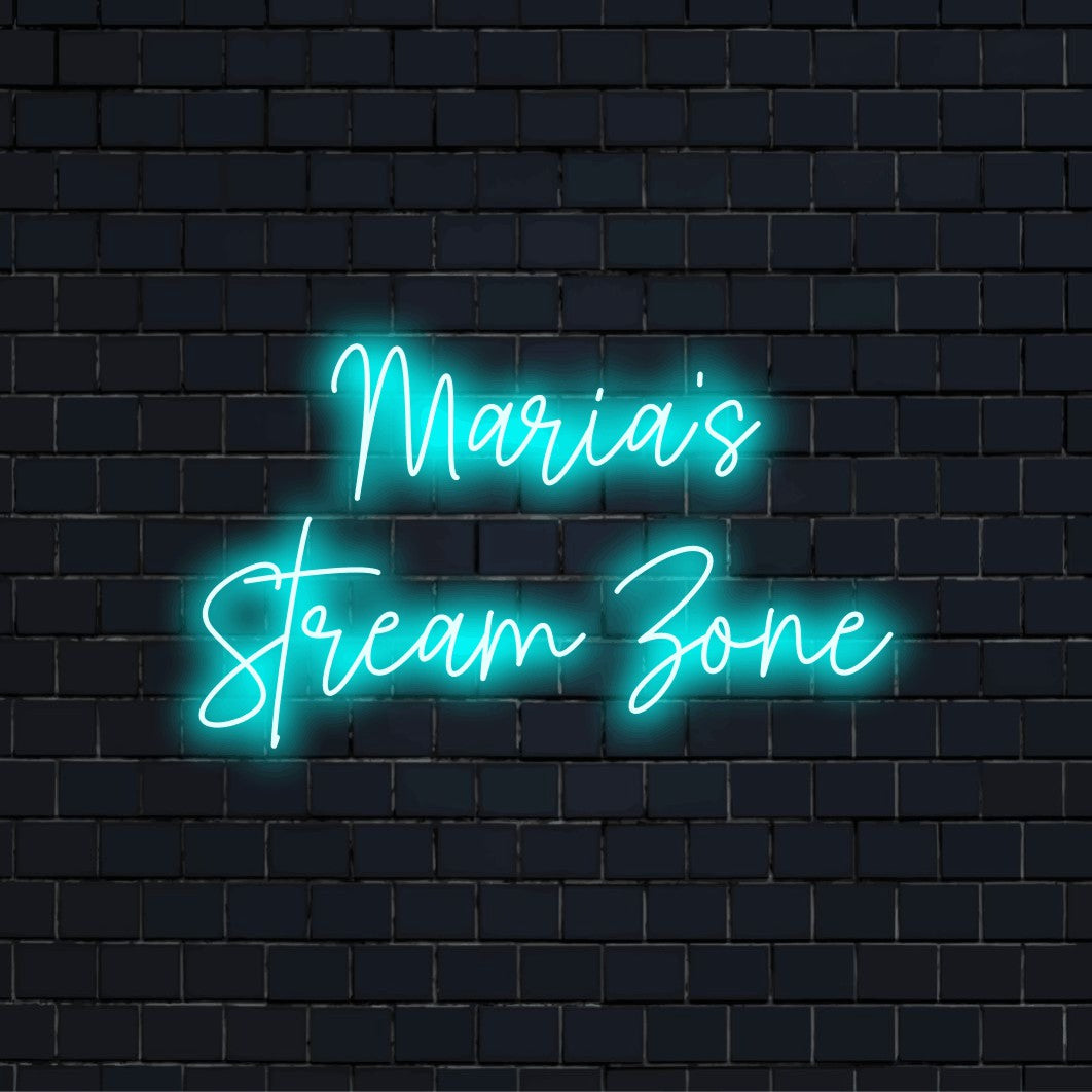 Maria_s Stream Zone Custom Name Neon Sign, soft neon glow on black brick background