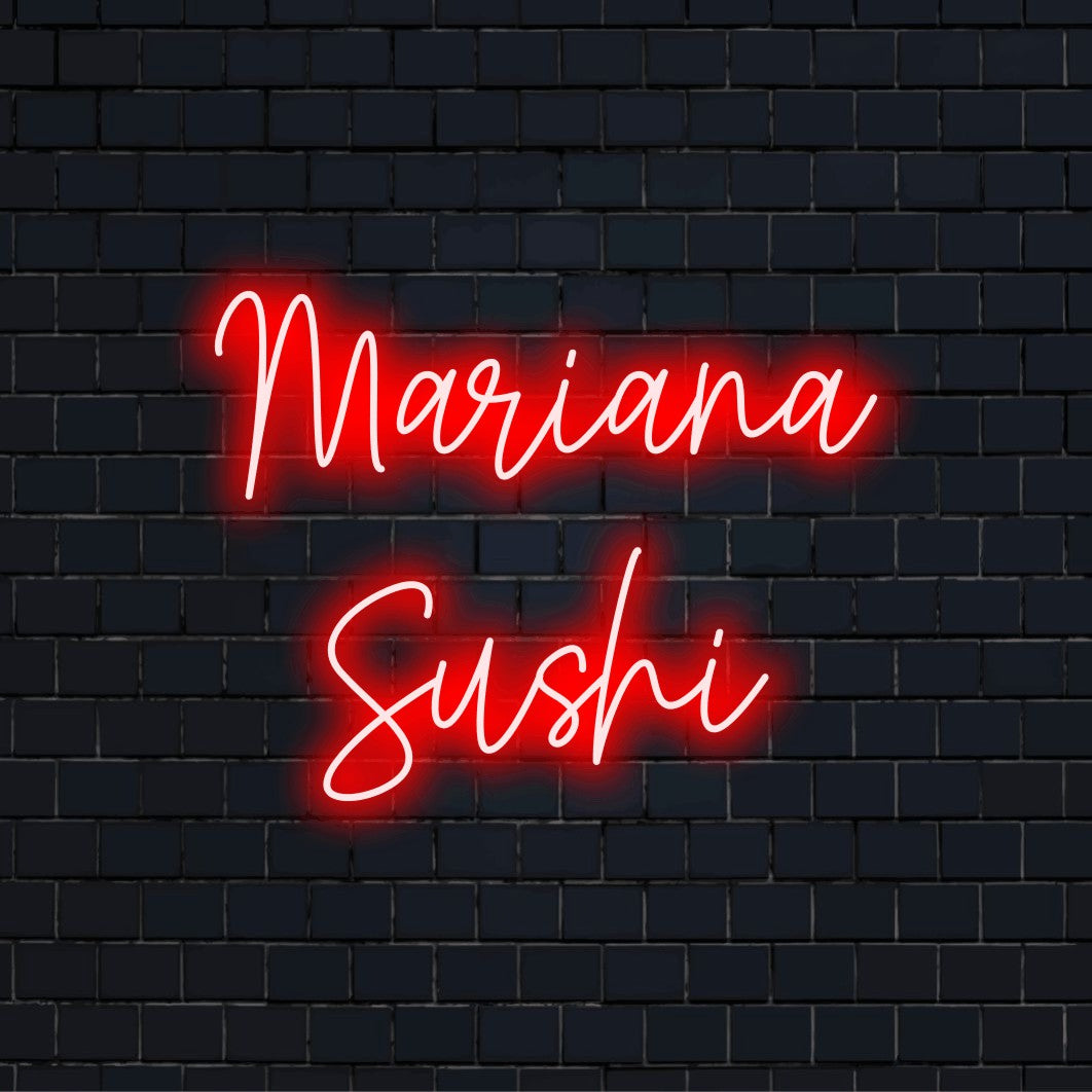 Mariana Sushi Custom Name Neon Sign, bright LED glow against brick backdrop