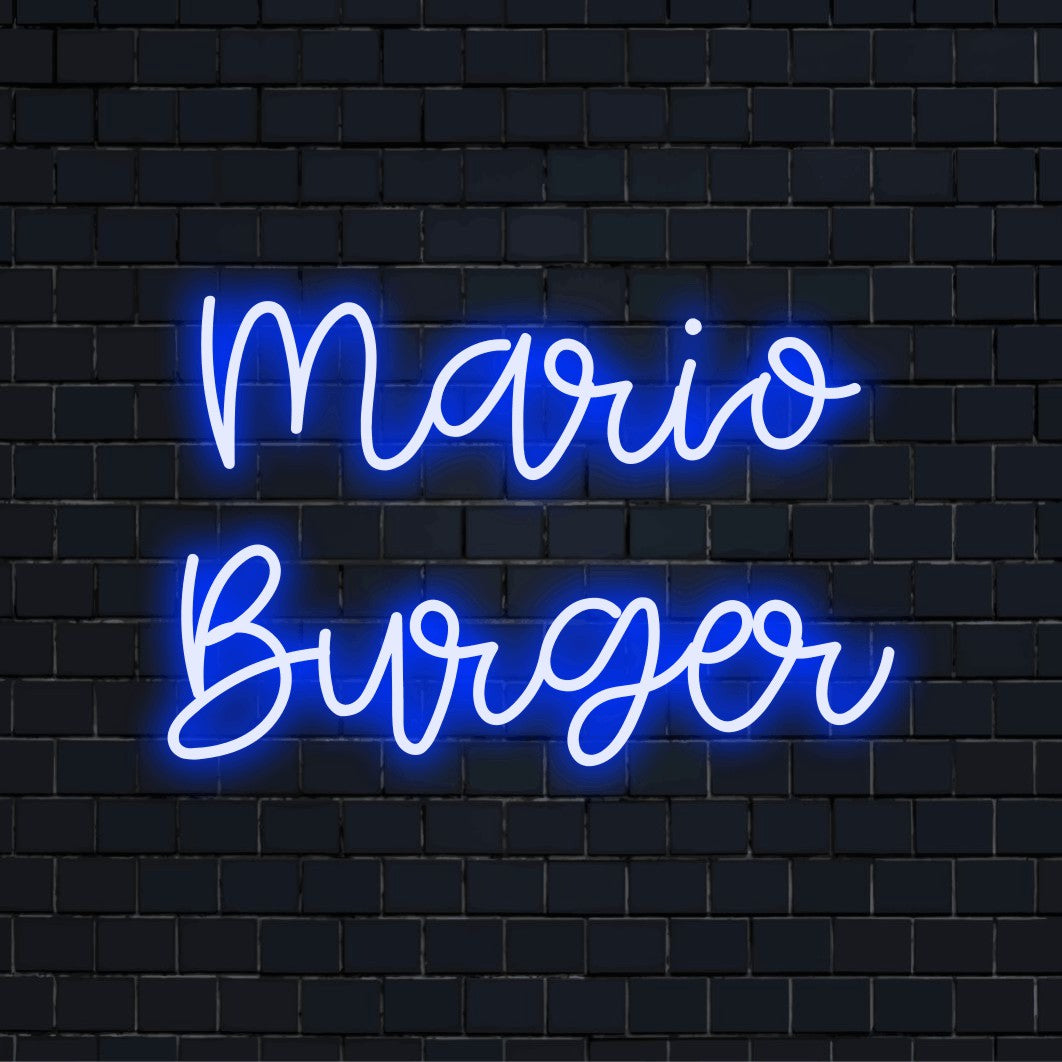 Mario Burger Personalized LED Neon Sign, glowing lettering on black brick background