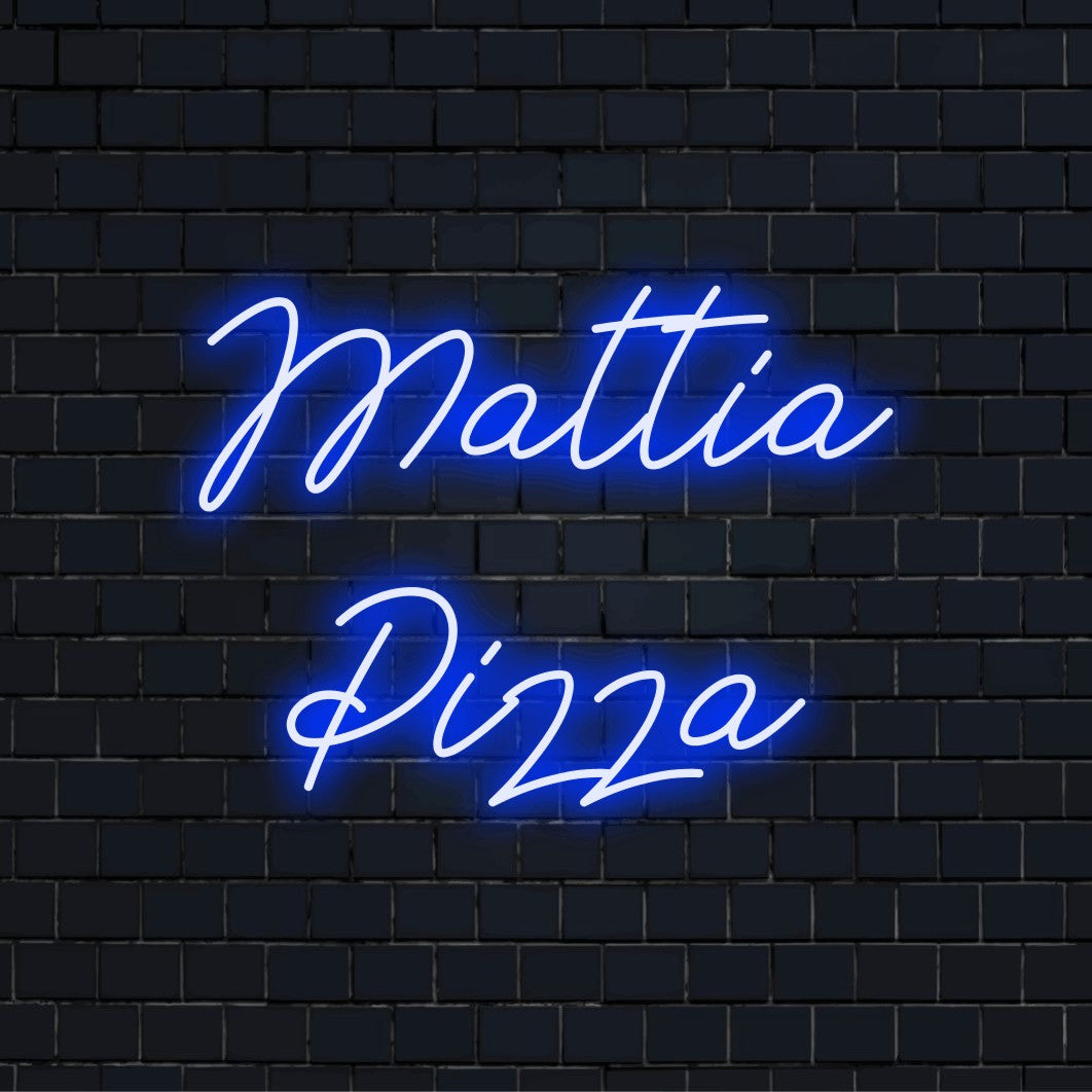 Mattia Pizza Personalized Neon Light with glowing neon text against black brick wall