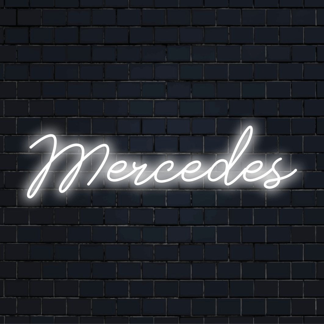 Mercedes LED Neon Sign, bright neon lettering on dark brick background