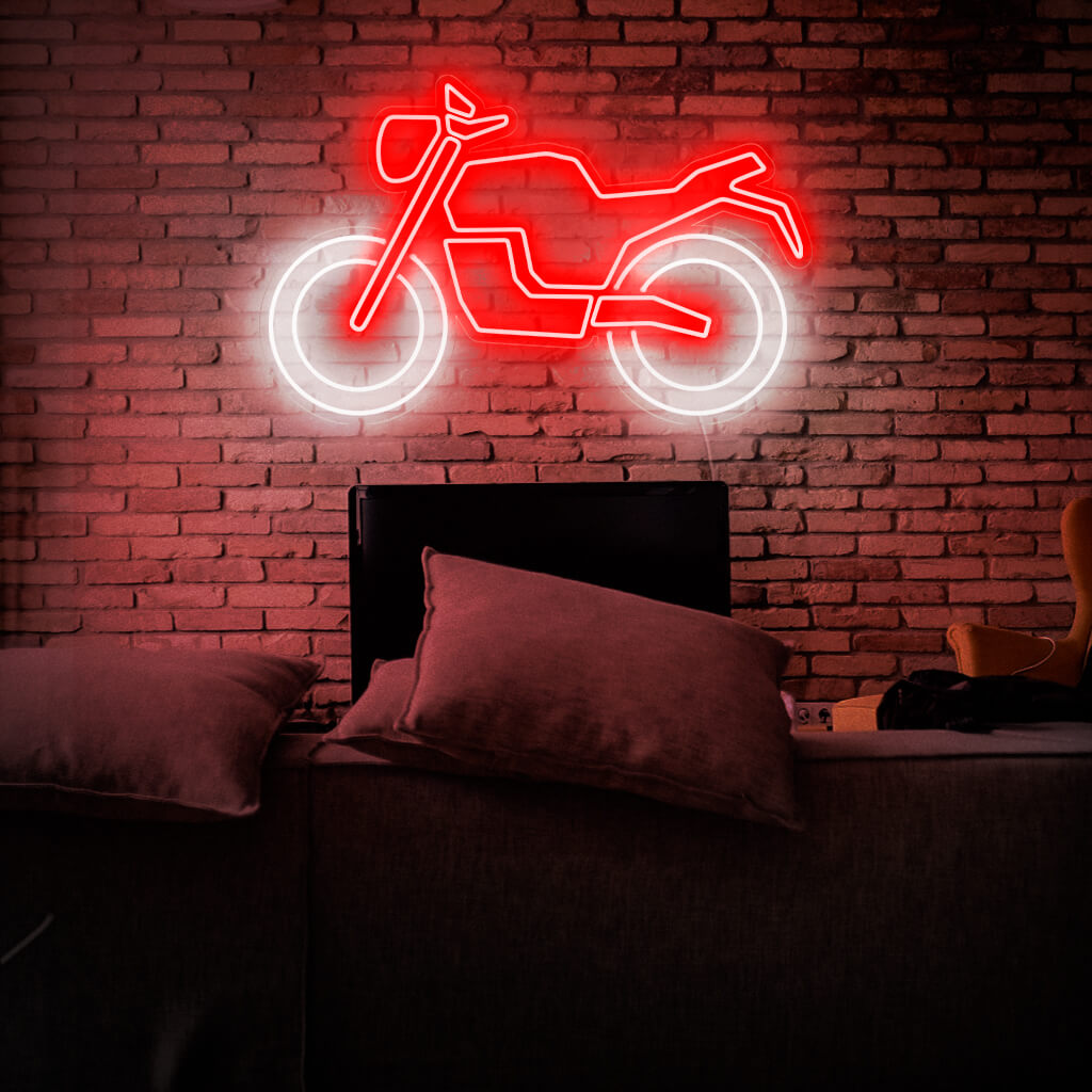 Levande motorcykel neonskylt, perfekt för inredning med motorcykeltema.