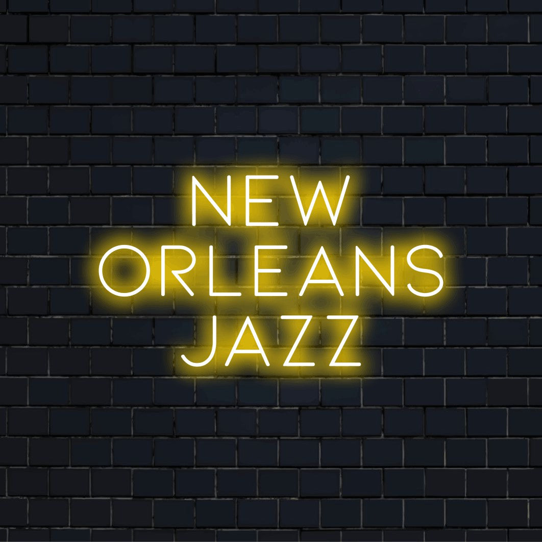 New Orleans Jazz LED Neon Sign, soft neon glow on dark brick wall