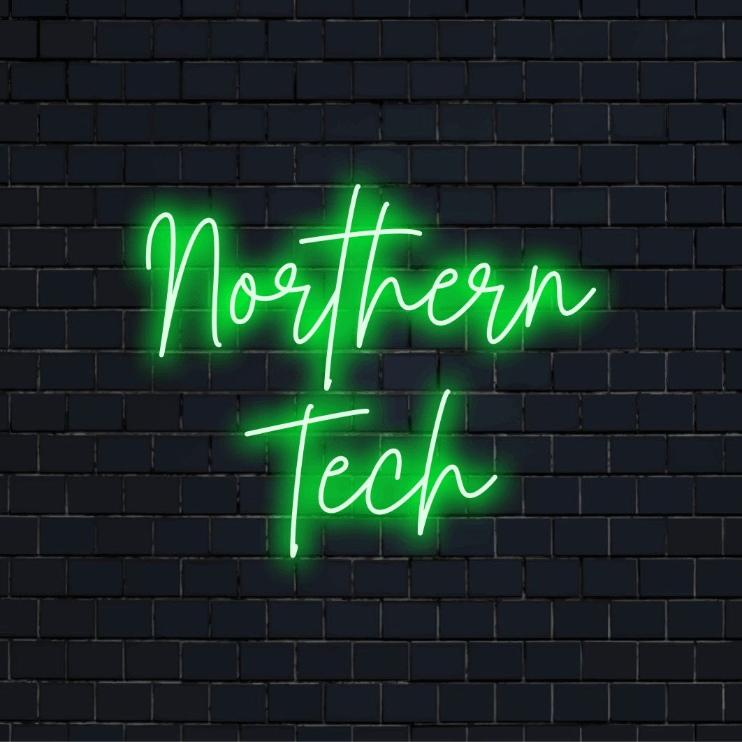 Northern Tech LED Neon Sign, bright LED glow on dark brick wall