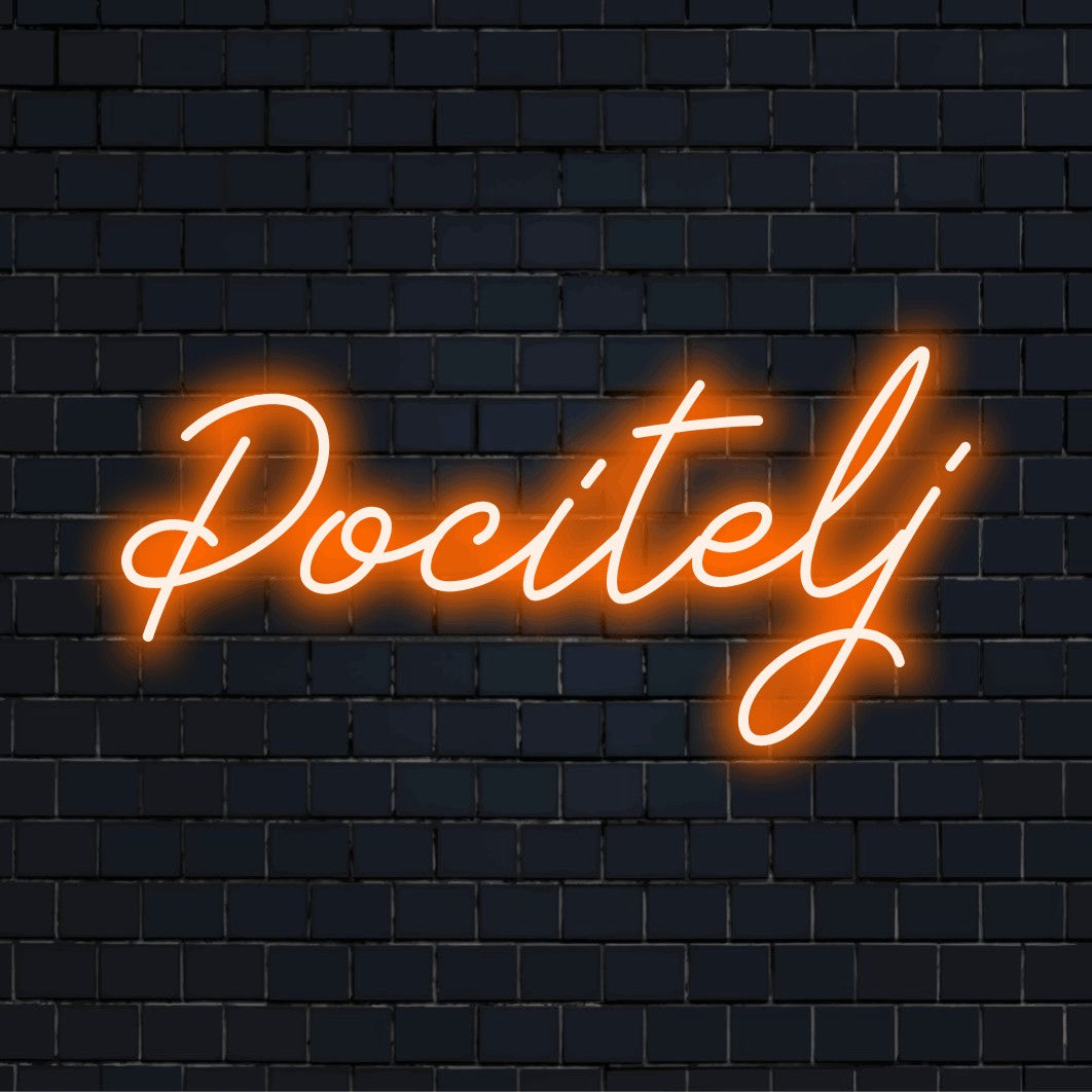 Pocitelj Neon Light with glowing neon text on dark brick background