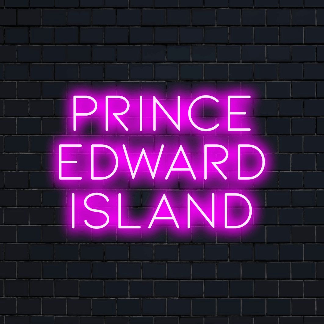 Prince Edward Island Neon Sign, bright LED glow against brick backdrop