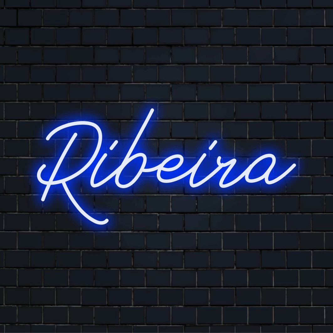 Ribeira LED Neon Sign, glowing lettering on black brick background