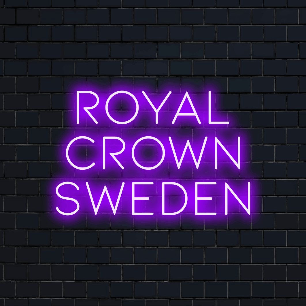 Royal Crown Sweden Neon Sign, bright neon glow on black brick background
