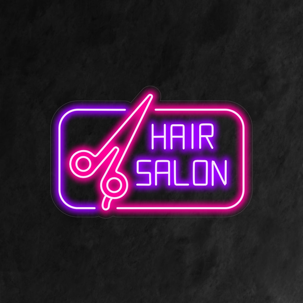 En fängslande neonskylt med en sax och orden "Hair Salon" med snygga och djärva bokstäver.