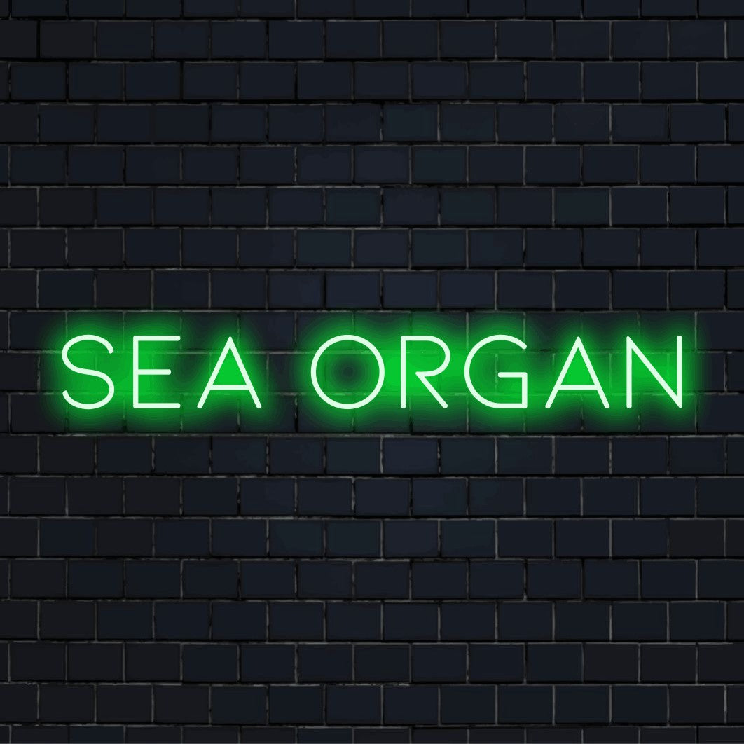 Sea Organ Neon Sign, neon text light on black brick background
