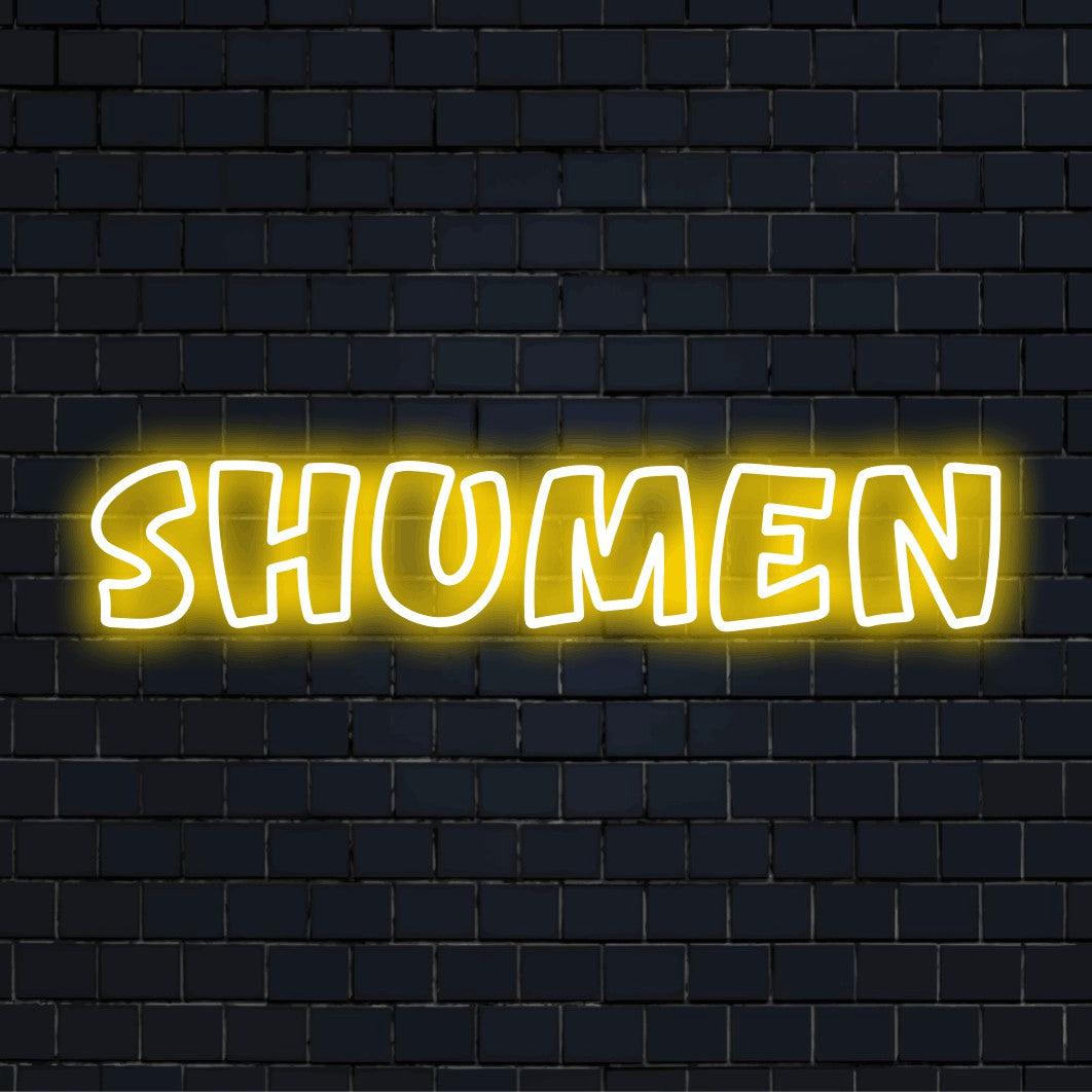 Shumen Neon Sign, soft neon glow on dark brick background