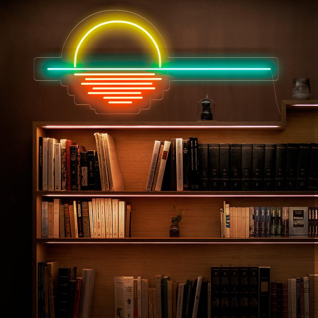 En fängslande neonskylt med en levande solnedgångsscen.
