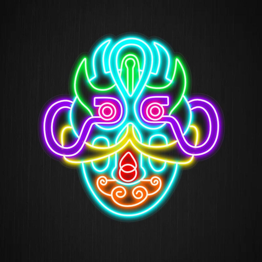 En fascinerande neonskylt med en surrealistisk konstmaskdesign. Neonljusen bildar invecklade mönster och livfulla färger, vilket skapar en visuellt imponerande och tankeväckande display.