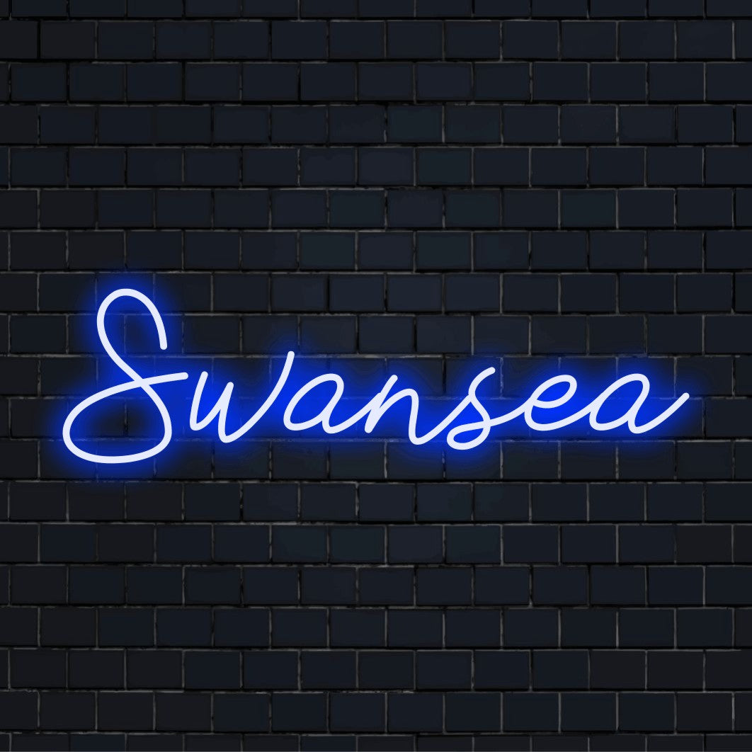 Swansea Neon Sign, glowing lettering against brick backdrop