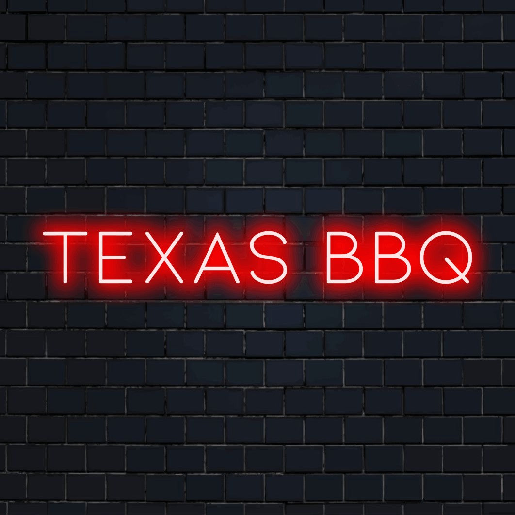 Texas Bbq Neon Light with glowing neon text on black brick background