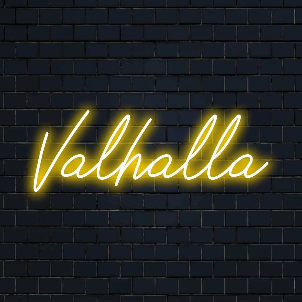Valhalla LED Neon Sign, bright LED glow on dark brick wall