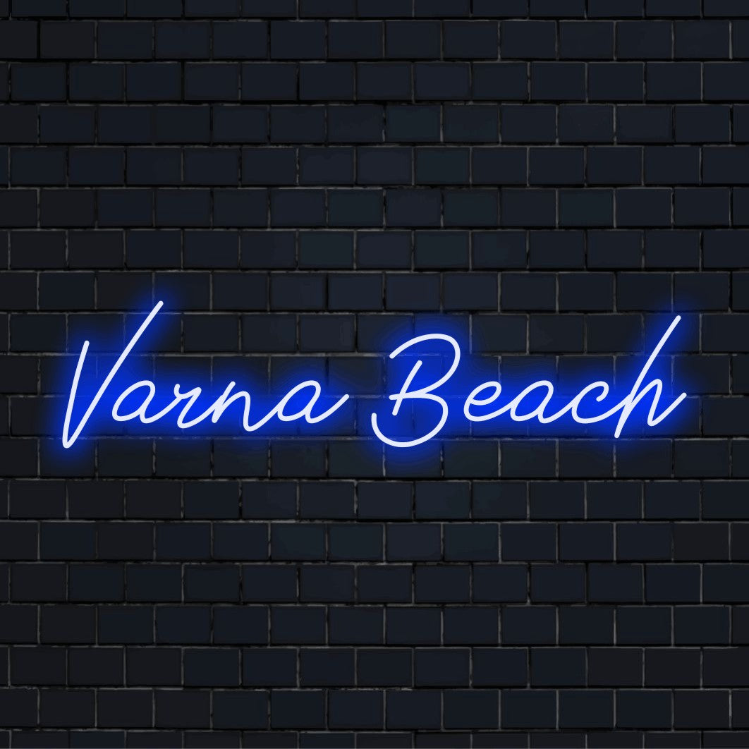 Varna Beach Neon Sign, bright neon glow on dark brick background